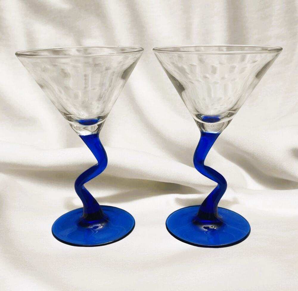 Vintage Libbey Cobalt Zig Zag Stem Pair of Martini Glasses